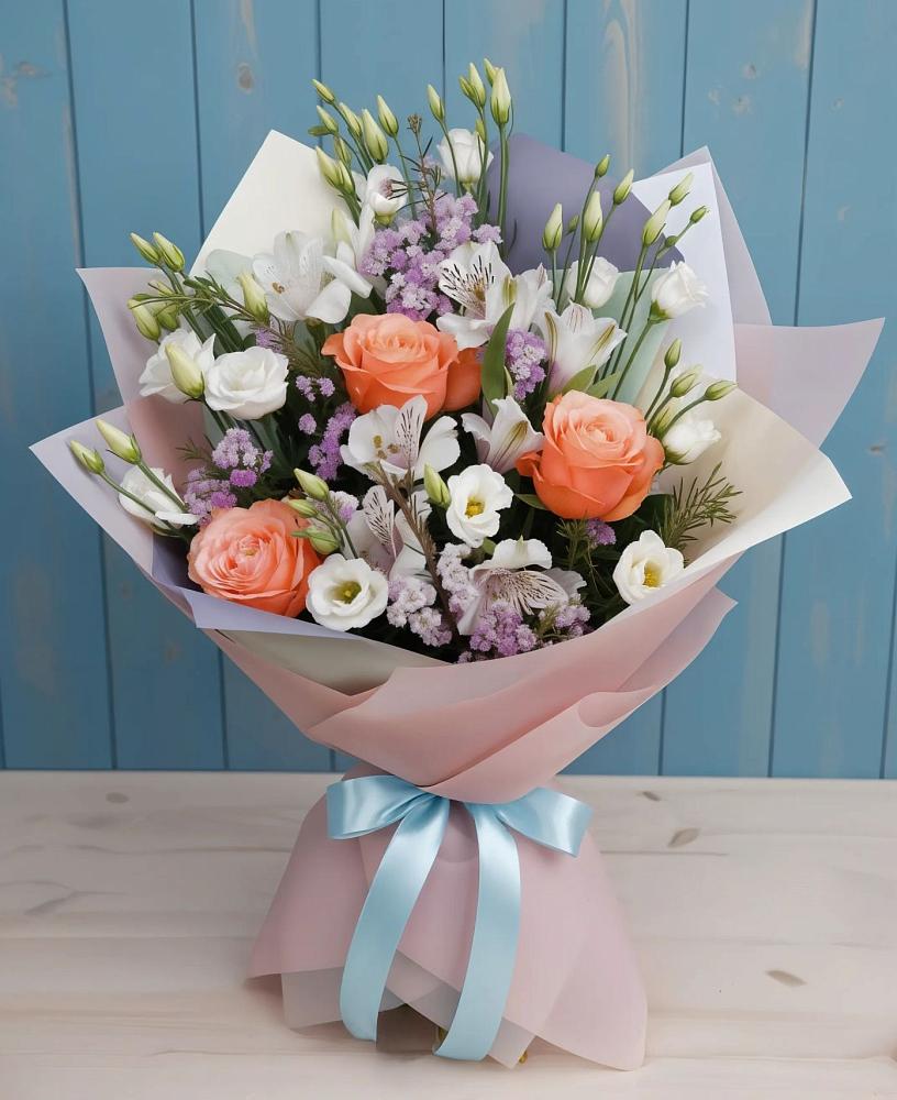 Букет цветов из: Лизиантусы, Розы, Альстромерии и Гипсофила в Шахтёрске
