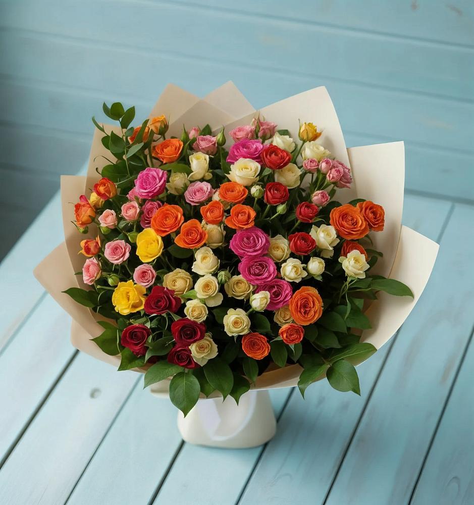 Букет Микс из разноцветных кустовых роз в Шахтёрске