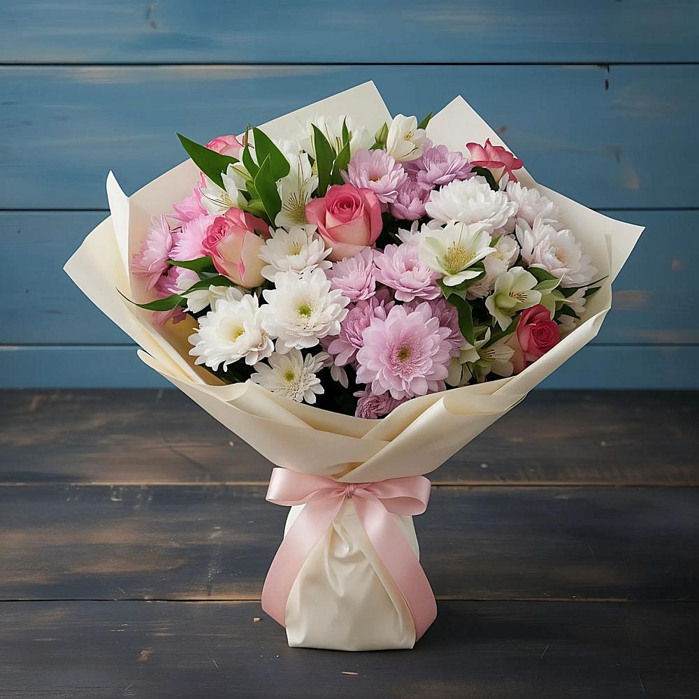 Букет цветов из: Хризантемы, Альстромерии и Розы в Шахтёрске